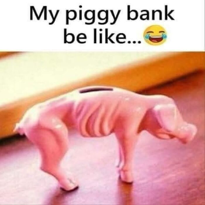 Piggy bank shaped like a skinny, laughing pig, humorously illustrating reality memes about empty savings.