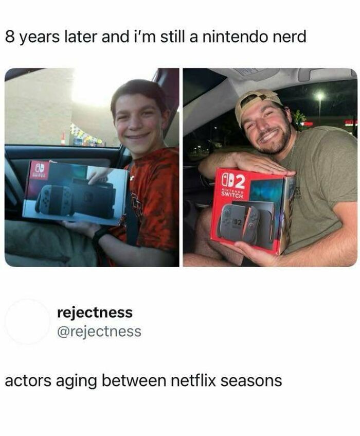 Man smiling holding Nintendo Switch in car, showing memes about aging and staying a Nintendo nerd over the years.