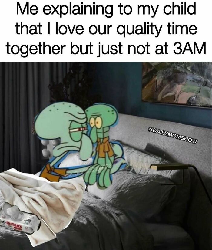 Parent explaining quality time to child at 3AM with humor in a dark bedroom featuring Squidward characters meme.