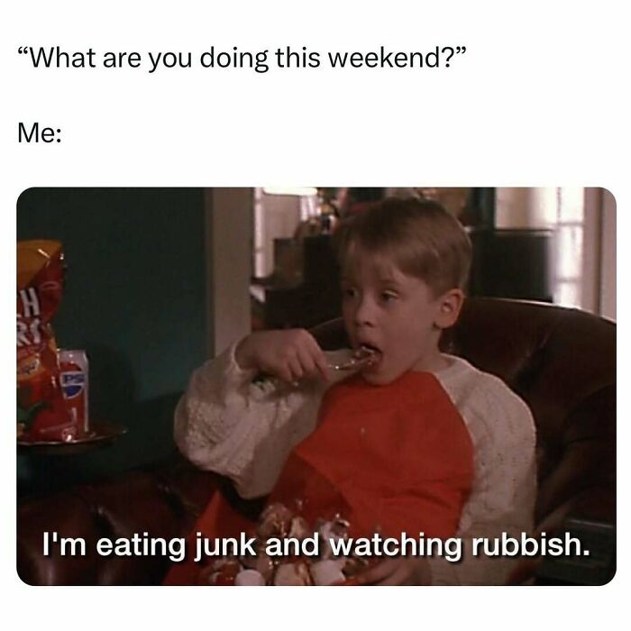 Child eating junk food on couch with caption about weekend plans, featured in hilarious memes for therapy wait scroll.