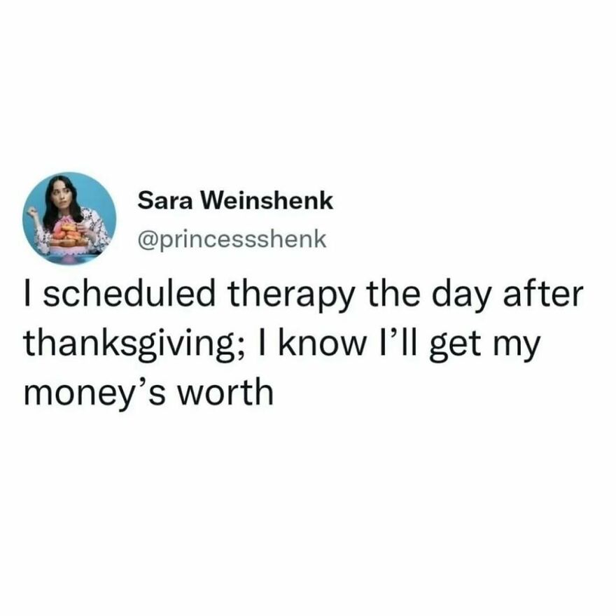 Twitter post about scheduling therapy the day after Thanksgiving, highlighting therapy and mental health humor memes.