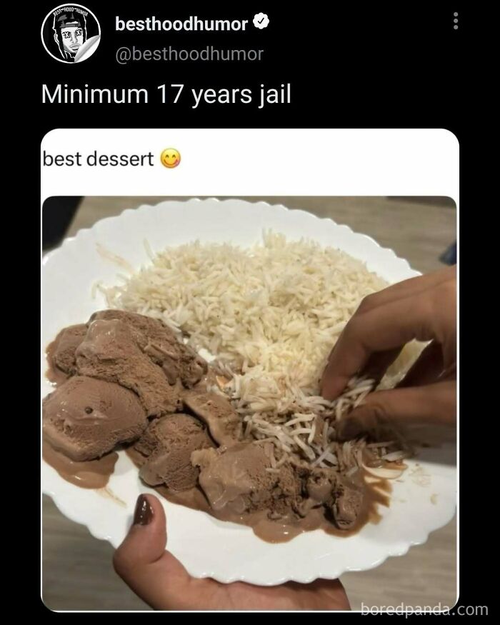 Tweet showing a plate with chocolate ice cream and rice, humorously called the best dessert in funny memes.