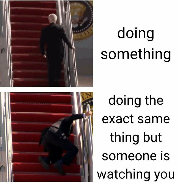 Man walking up and falling down stairs meme illustrating awkward moments from popular Know Your Meme collection.