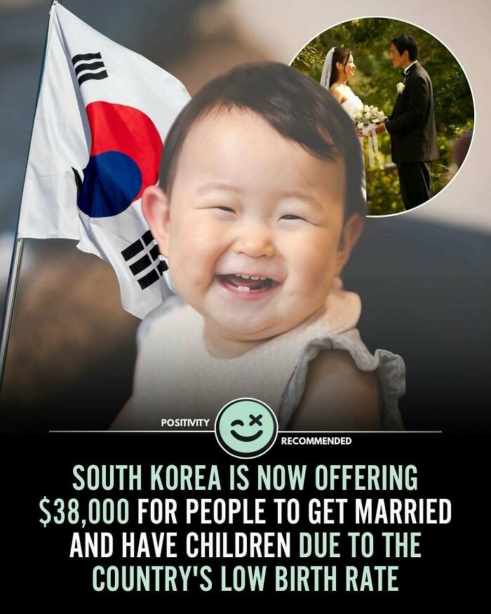 Smiling baby with South Korean flag and a wedding couple, highlighting positivity and support for increasing birth rate.