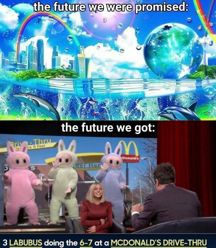 Two-panel meme showing a vibrant futuristic city with dolphins underwater contrasted with three people in bunny costumes dancing at a McDonald's drive-thru, illustrating a humorous take on future expectations versus reality, related to Know Your Meme.