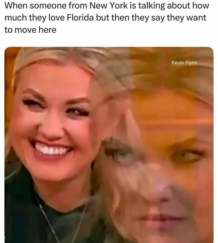 Woman smiling and then looking confused, illustrating memes to help handle reality with humor about moving from New York to Florida.