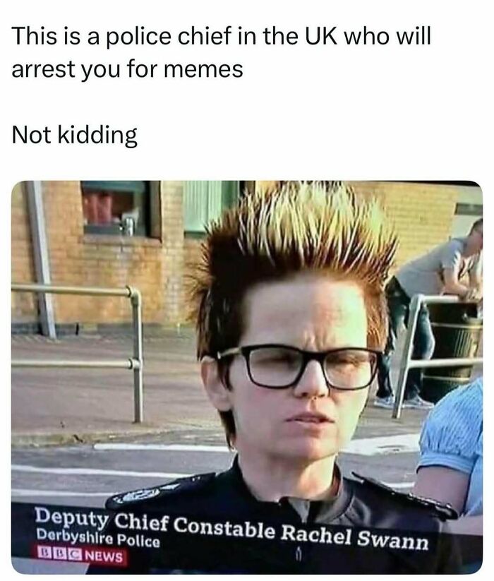 Police chief in the UK with spiked hair and glasses, featured in a meme about handling reality with humor.