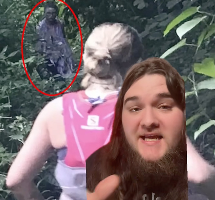 Hiker with a pink backpack encounters a mysterious figure in the woods, illustrating chilling urban legends that could be real.