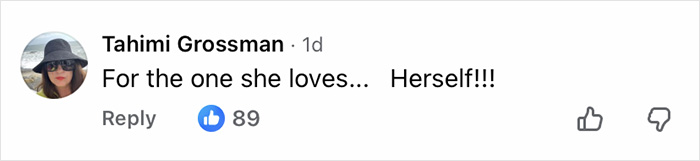 Comment from Jennifer Lopez fan saying "For the one she loves... Herself" with 89 likes, highlighting a depressing detail.