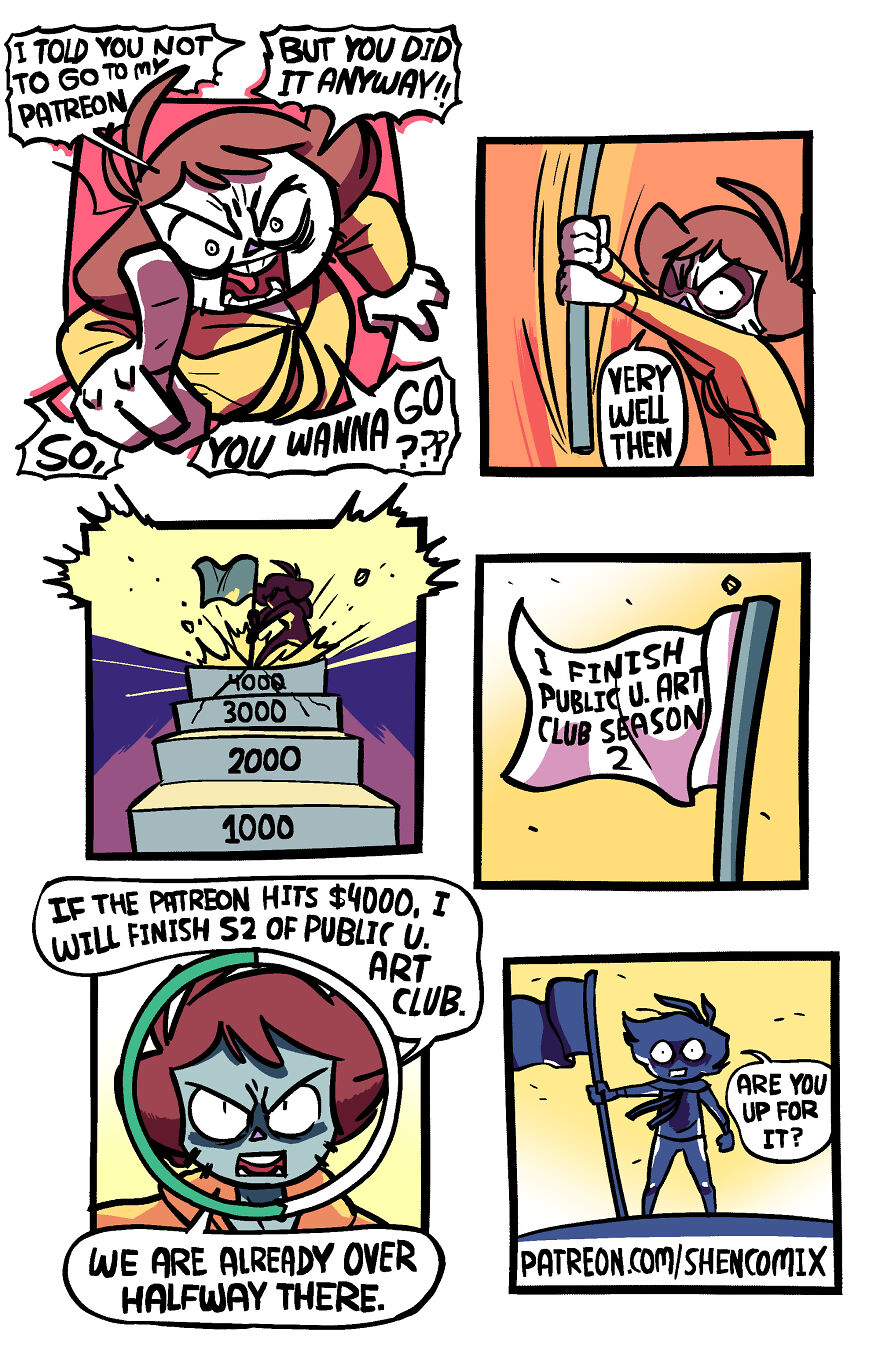 Comic panels from Shen Comix illustrating humor about adulthood and life with characters discussing Patreon goals and art projects.