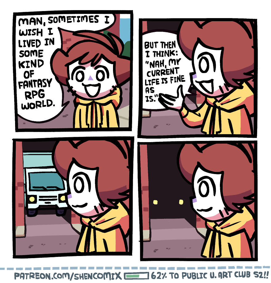 Comic panel from Shen Comix featuring a character reflecting on adulthood and life in a humorous way.