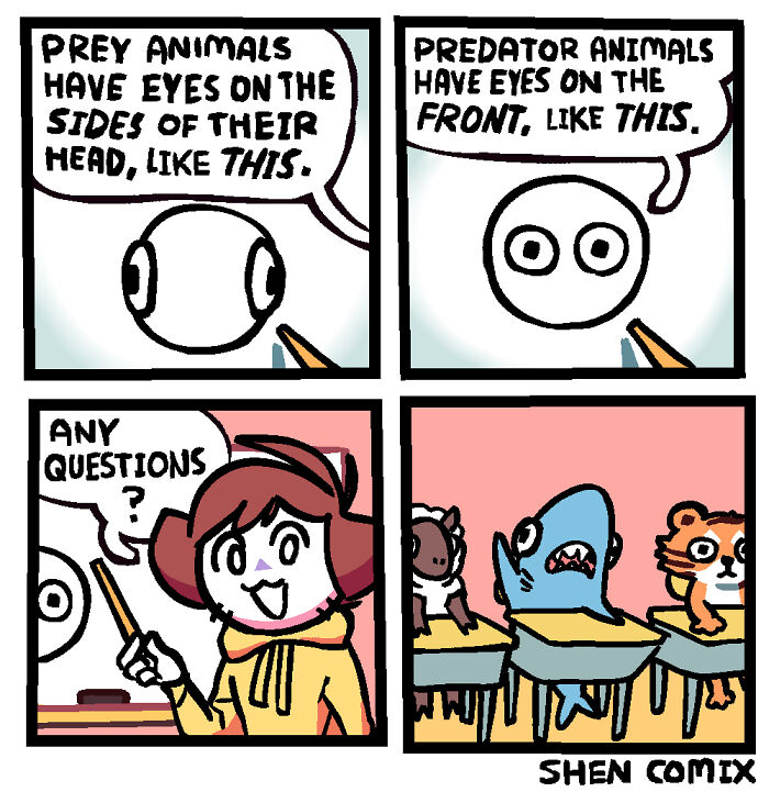 Comic strip by Shen Comix illustrating prey and predator animal eyes, humorously depicting adult life and social dynamics in a classroom.