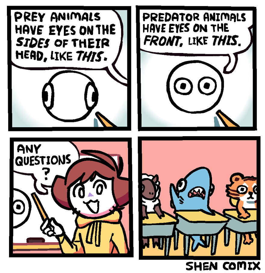 Comic panels showing a teacher explaining eye placement in predator and prey animals in a humor-filled Shen Comix style.