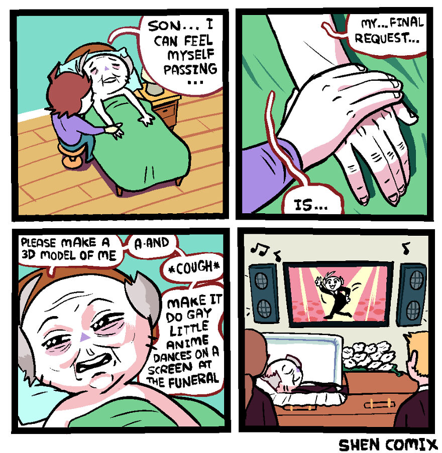 Comic from Shen Comix showing a humorous take on adulthood and life with a dying man’s unusual funeral request.