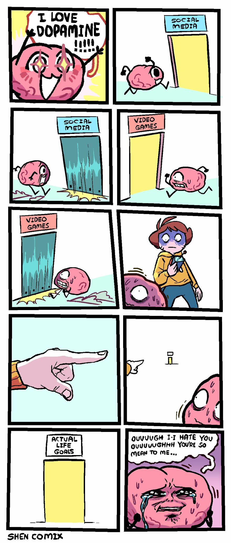 Comic strip depicting a brain chasing dopamine through social media and video games, illustrating adulthood and life realities.