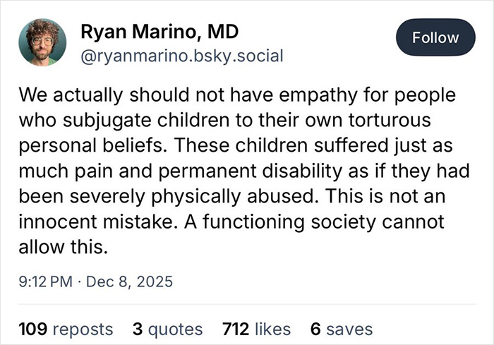 Tweet from MD Ryan Marino condemning pseudoscience causing harm and disability to children highlighting urgent societal change needed.