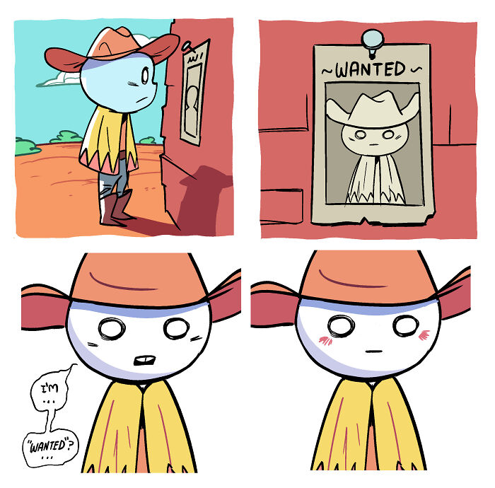 Comic character in a cowboy hat seeing their wanted poster, expressing surprise and a shy reaction in Shen Comix adult life comic.