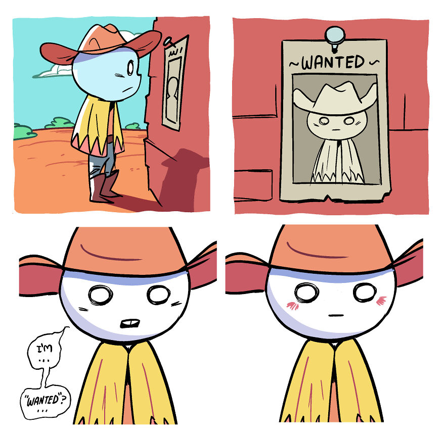 Comic panel showing a cowboy character confused and blushing after seeing their wanted poster in a humorously accurate adulthood comic.
