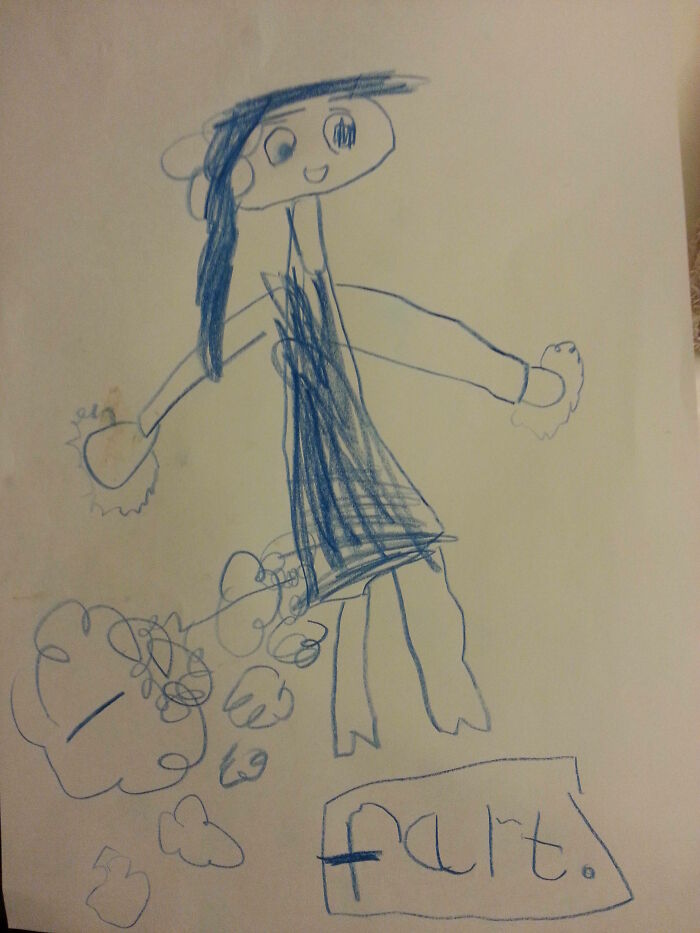 Child's funny drawing of a person with gas clouds, showcasing a very flattering portrait by kids with no filter.
