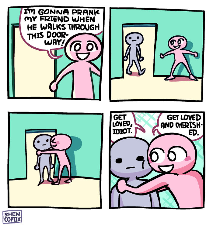 Comic strip by Shen Comix showing a playful prank that reflects adult life and emotional connection humor.