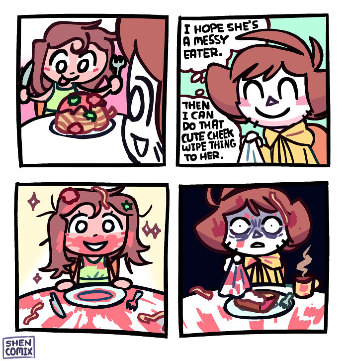 Comic strip by Shen Comix showing messy eating and a humorous adult life moment at the dinner table.