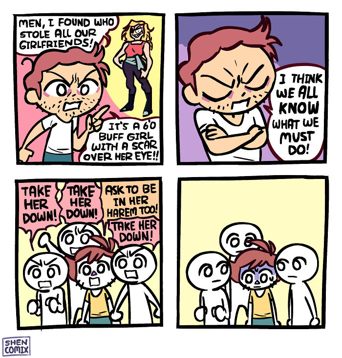 Comic strip by Shen Comix showing characters humorously reacting to a "60 buff girl with a scar," depicting adult life challenges.