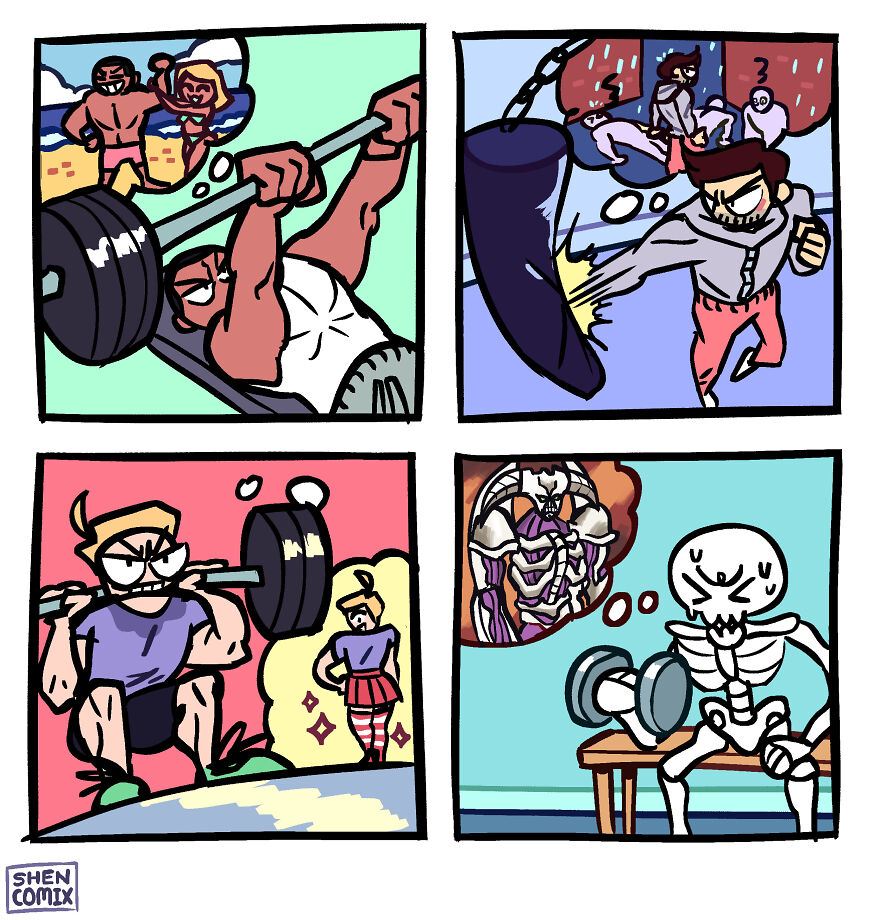 Comic panels humorously depict adulthood and life challenges with weightlifting and boxing in a colorful Shen Comix style.