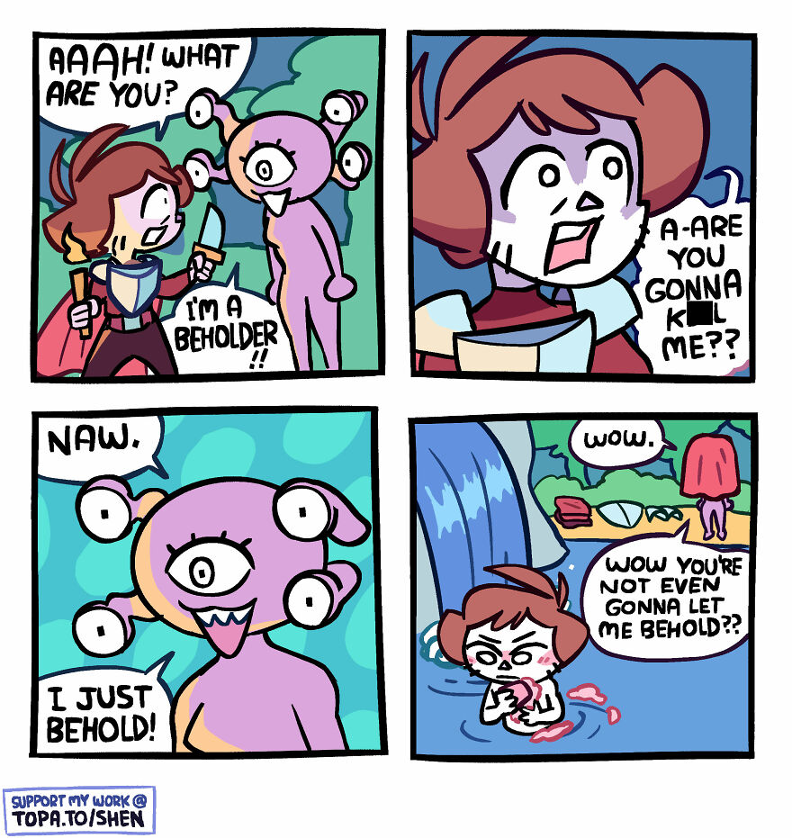 Comic strip featuring a humorous interaction with a beholder character about adulthood and life challenges in a colorful cartoon style.