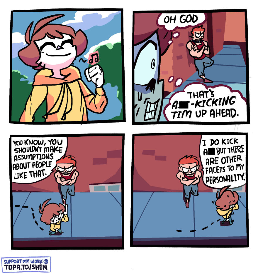 Comic panels by Shen Comix showing playful characters discussing assumptions and personality in adulthood and life.