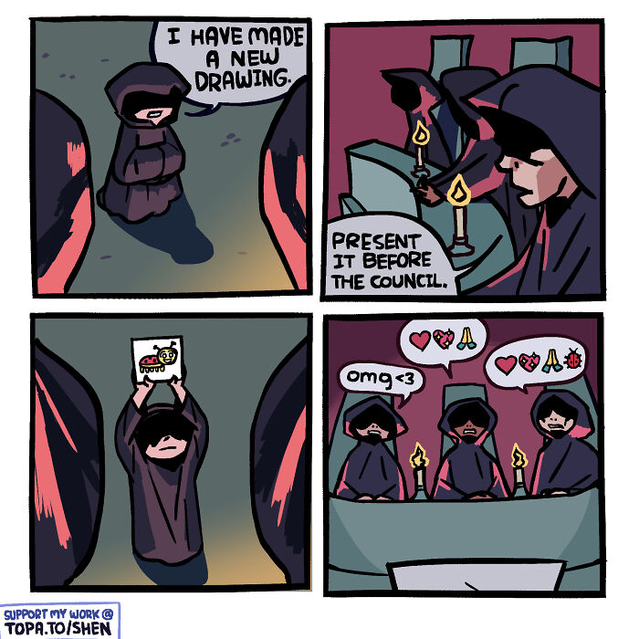 Comic panels showing hooded figures reviewing a colorful drawing, illustrating Shen Comix humor about adult life.