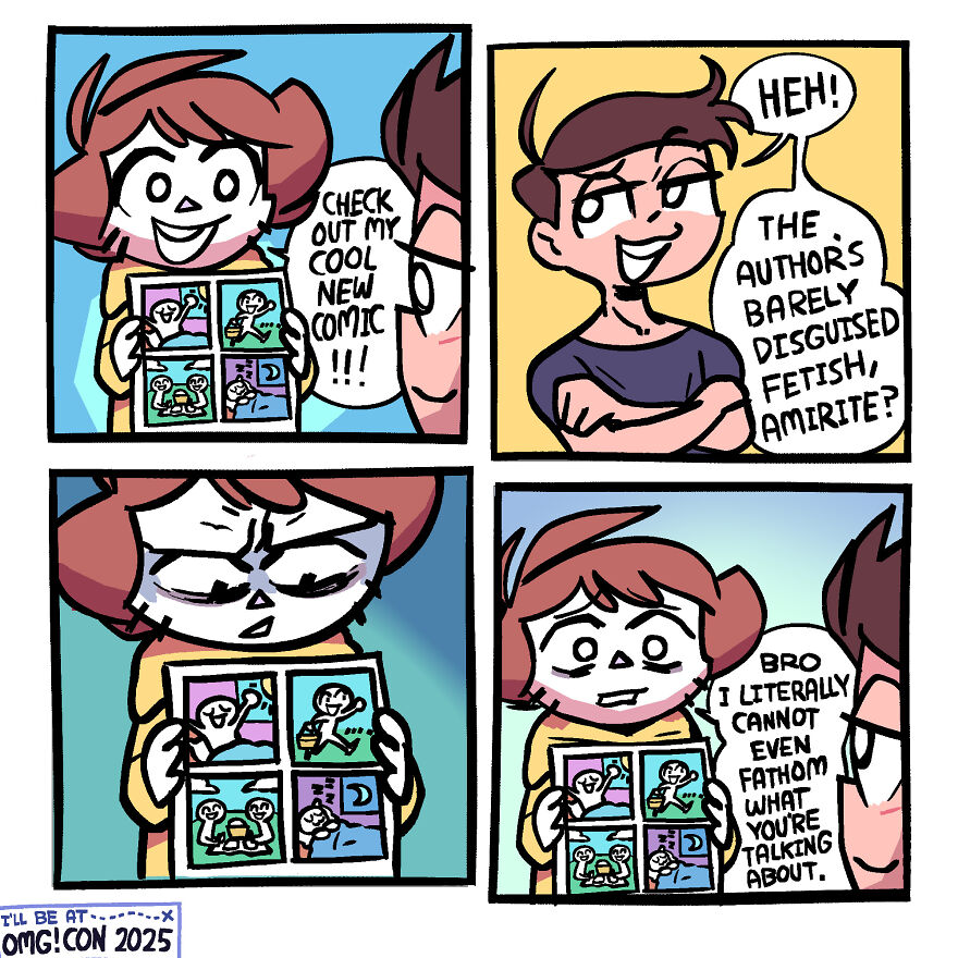 Comic strip showing two characters discussing a new comic, reflecting humor in adulthood and life by Shen Comix.