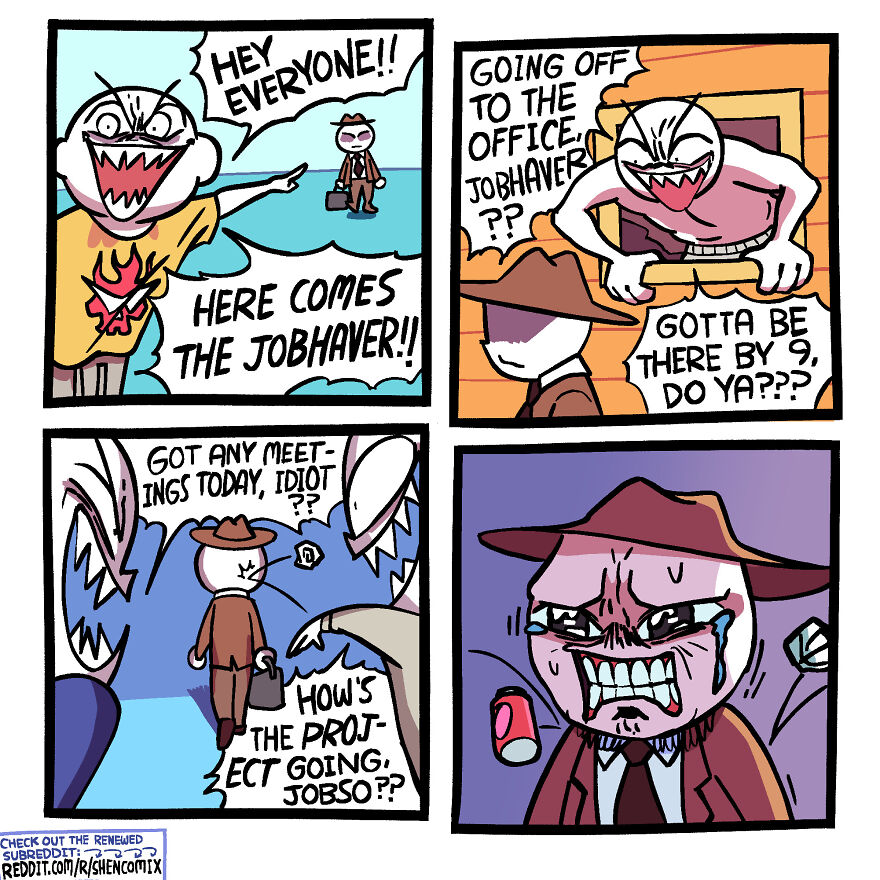 Comic panels depicting adulthood stress with a character called Jobhaver facing work pressures in Shen Comix comics.