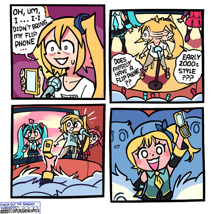 Comic panels by Shen Comix showing a character awkwardly searching for a flip phone during a performance.