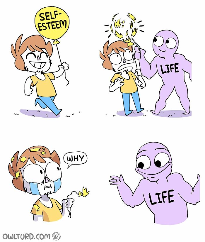 Comic strip by Shen Comix showing a character’s self-esteem balloon popped by a figure labeled life, depicting adult life struggles.