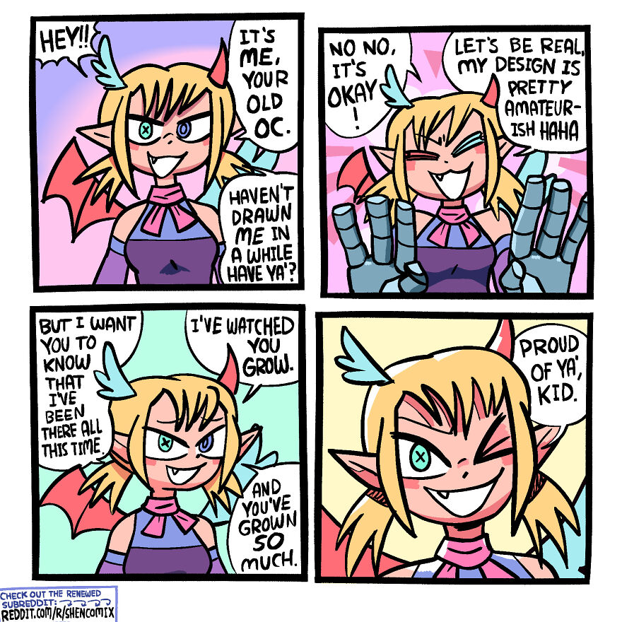 Colorful Shen Comix comic panels featuring a character reflecting on growth and design in adulthood life.