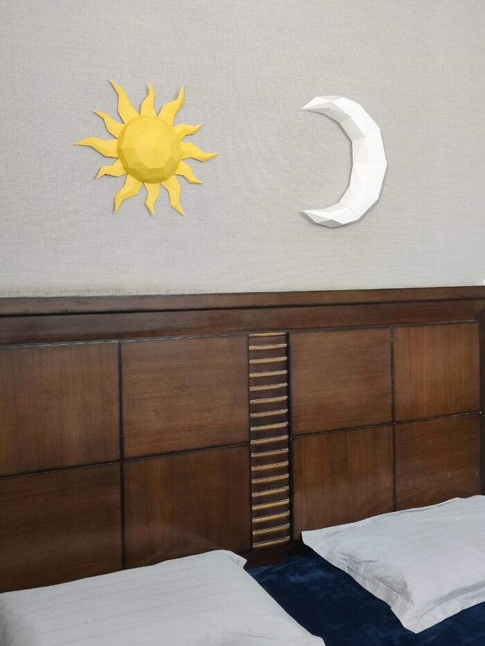 I Couldn't Find Affordable Wall Art, So I Designed A Low-Poly "Sun & Moon" Out Of Paper