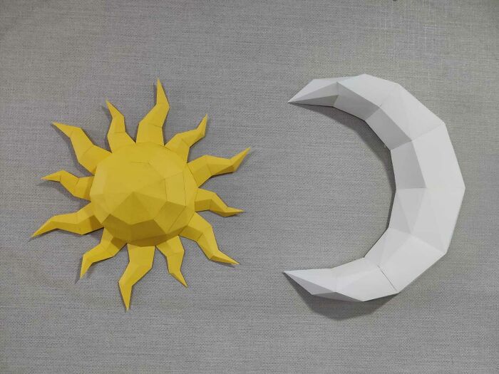 I Couldn't Find Affordable Wall Art, So I Designed A Low-Poly "Sun & Moon" Out Of Paper