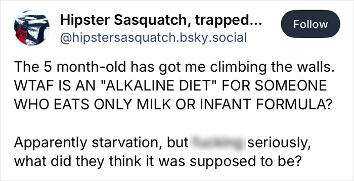 Tweet expressing frustration over parents' pseudoscience leading to 5-month-old's death from improper alkaline diet.