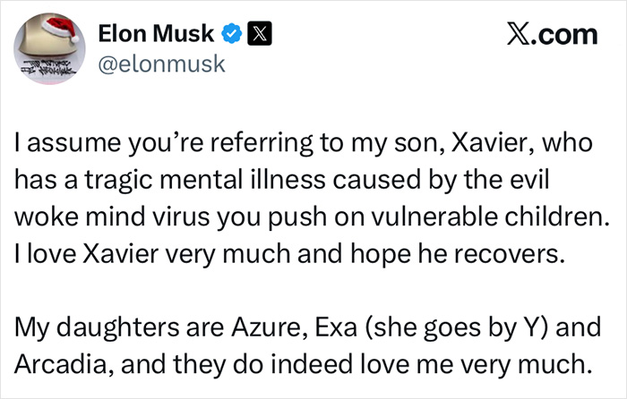 Elon Musk tweet referencing tragic mental illness and family, sparking online outrage and discussions about his daughter Vivian.