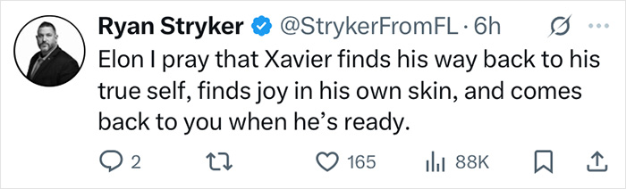 Tweet from Ryan Stryker expressing hope for Xavier to find his true self amid Elon Musk&rsquo;s tragic mental illness comment controversy.