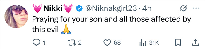 Twitter post from user Nikki expressing prayers for victims affected by tragic mental illness and Elon Musk&rsquo;s comment controversy.