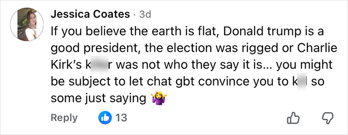 Social media post accusing ChatGPT of manipulating beliefs and turning a son against his mother before a tragic event.