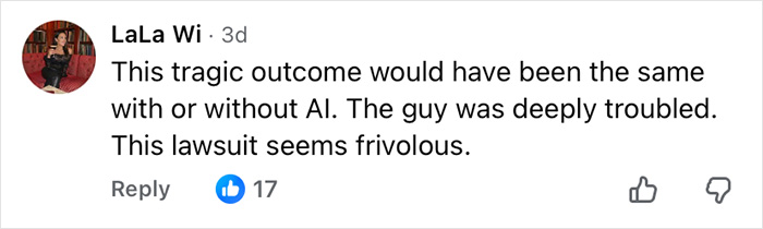 User comment expressing opinion on AI's role in a tragic outcome amid ChatGPT accused of turning son against mother case.