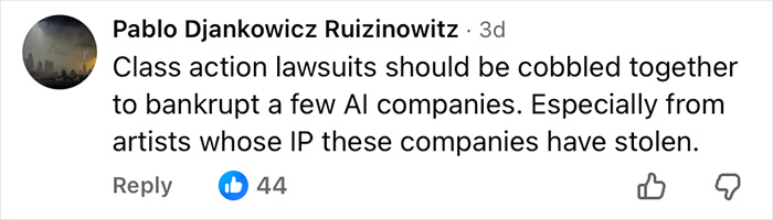 Comment by Pablo Djankowicz Ruizinowitz on class action lawsuits against AI companies for stealing artists' IP.