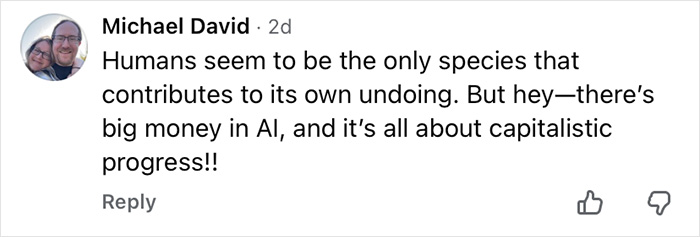 Comment expressing concern about AI and capitalist progress contributing to human self-destruction amid ChatGPT fears.