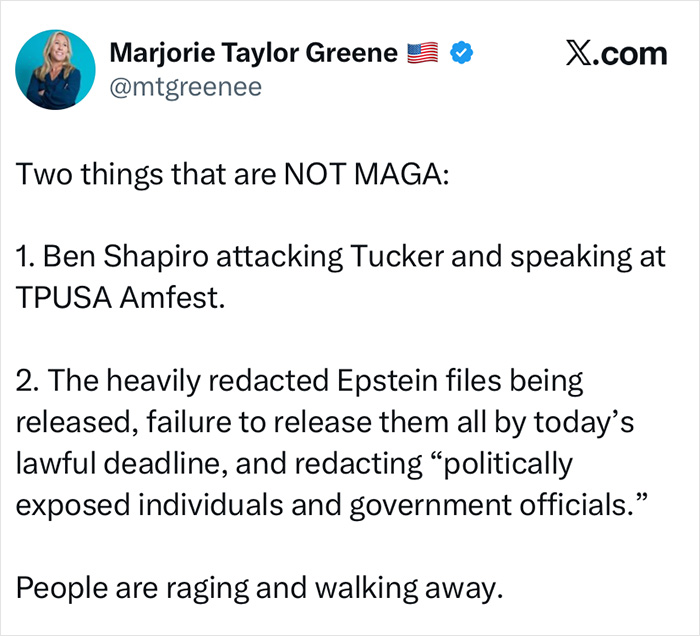 Tweet by Marjorie Taylor Greene discussing heavily redacted Epstein files and public reaction to the release deadline.