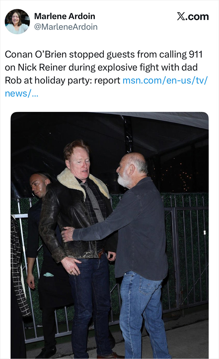 Conan O&rsquo;Brien intervening to stop 911 call during Nick Reiner&rsquo;s intense fight with dad at a party outdoors at night.