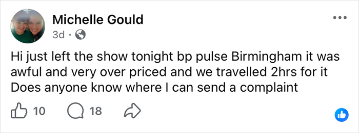 Facebook post from an audience member expressing disappointment with Wizard Of Oz performance at Birmingham.