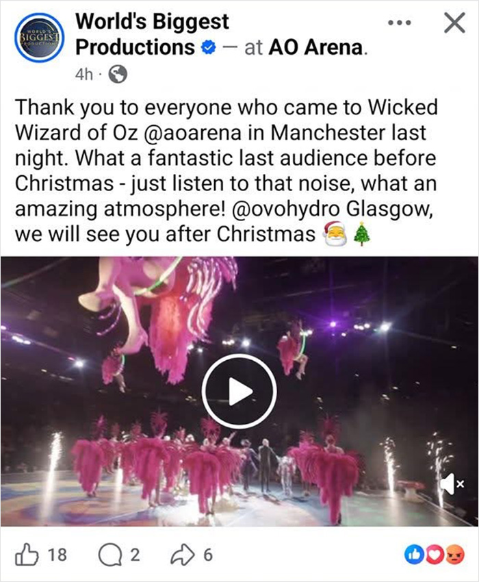 The Wizard of Oz performance at AO Arena with vibrant costumes and stage lights during a live show.