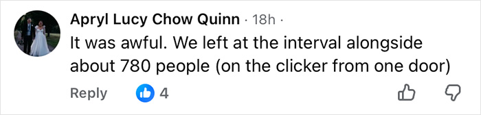 Screenshot of a social media comment describing audience outrage and hundreds walking out during a Wizard of Oz performance.